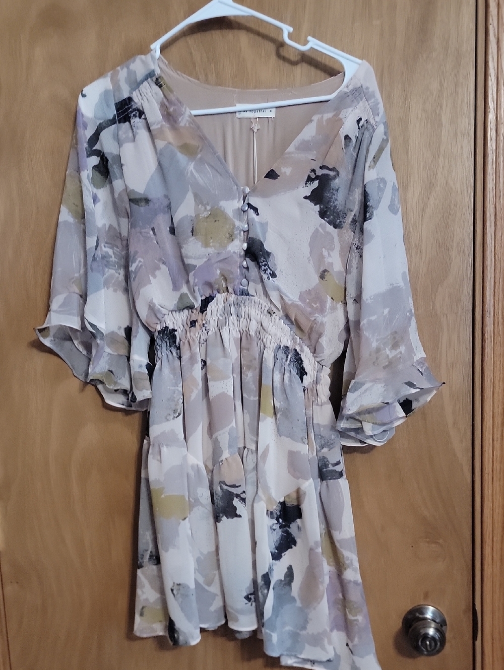 By Together Purple/pink Watercolor Mini Dress with Button V-Neck